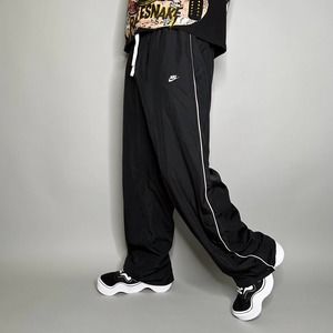 Vintage Nike Track Pants Jet Black Polyester Sweatpants White Swoosh Baggy Y2K